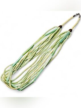 VTG 70s Beaded Necklace Bohemian Layered 8 Strands Light Green Beads Bell Ends